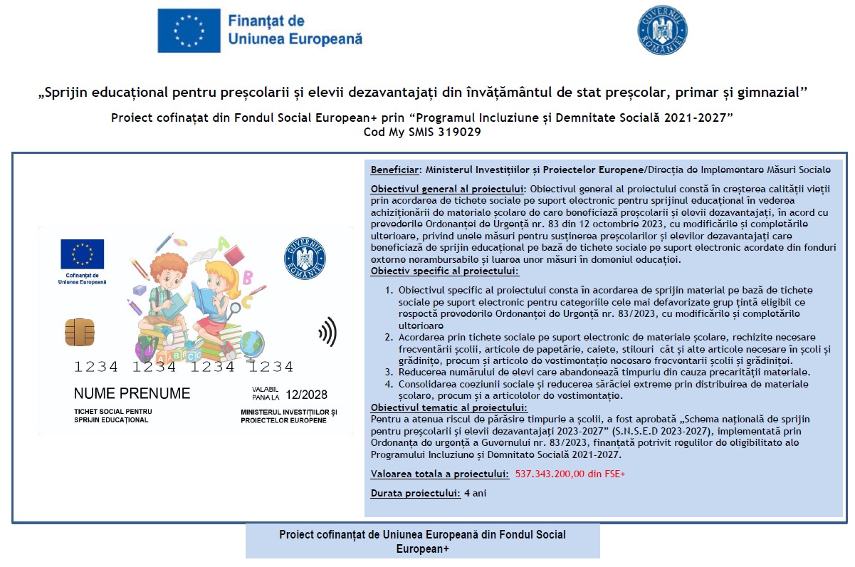 ANUNȚ DEPUNERE CERERE PENTRU ACORDAREA TICHETE SOCIALE CONF. OUG. NR.83/2023 An școlar 2024-2025